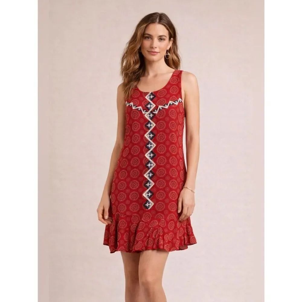 Anthropologie THML Red Sleeveless Patterned Boho Dress with Geometric Trim